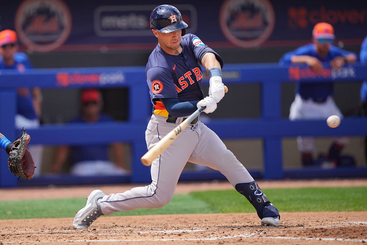 Houston Astros third baseman Alex Bregman (2) hits his second three-run home run of the game against the New York Mets in the fifth inning at Clover Park.