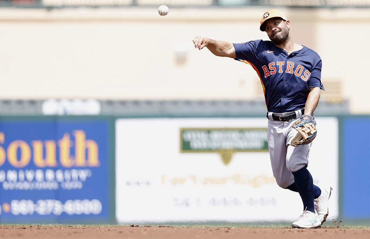 Houston Astros second baseman Jose Altuve (27)throws the ball back to starting pitcher J.P. France (68) against the St. Louis Cardinals in the second inning at Roger Dean Chevrolet Stadium. 