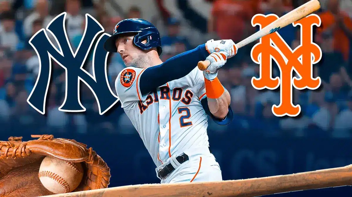 Astros' Alex Bregman in between the Yankees and Mets logos
