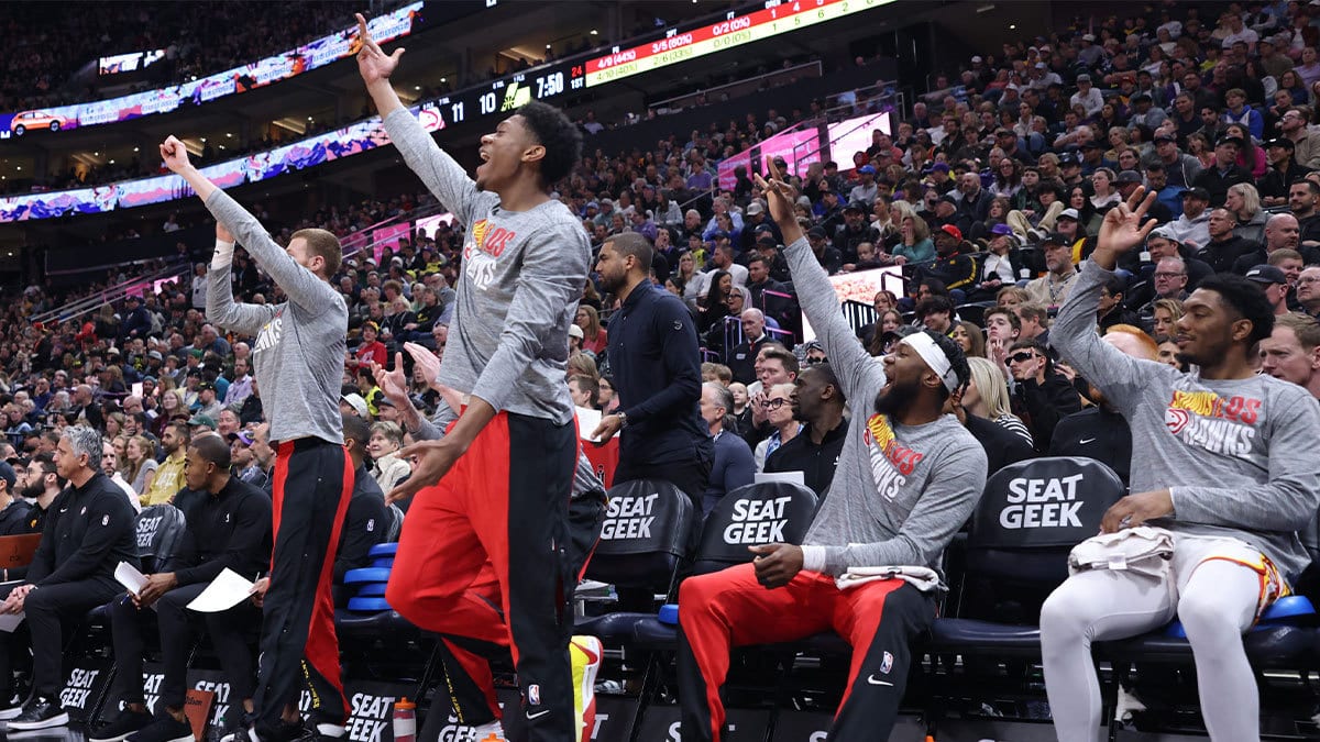 Atlanta Hawks bench reacts to a play against the Utah Jazz during the first quarter at Delta Center