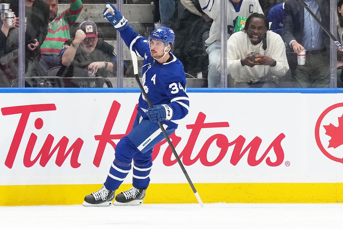 Toronto Maple Leafs center Auston Matthews (34) celebrates scoring a goal against the New Jersey Devils during the second period at Scotiabank Arena.