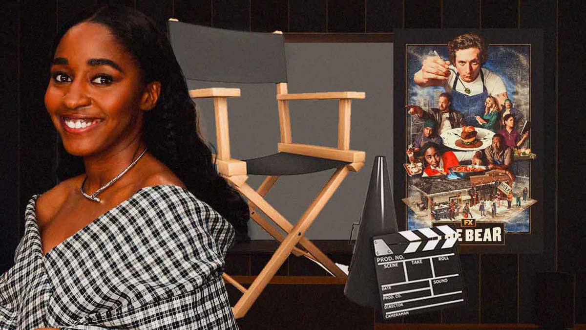 Ayo Edebiri, director's chair, film slate, The Bear poster