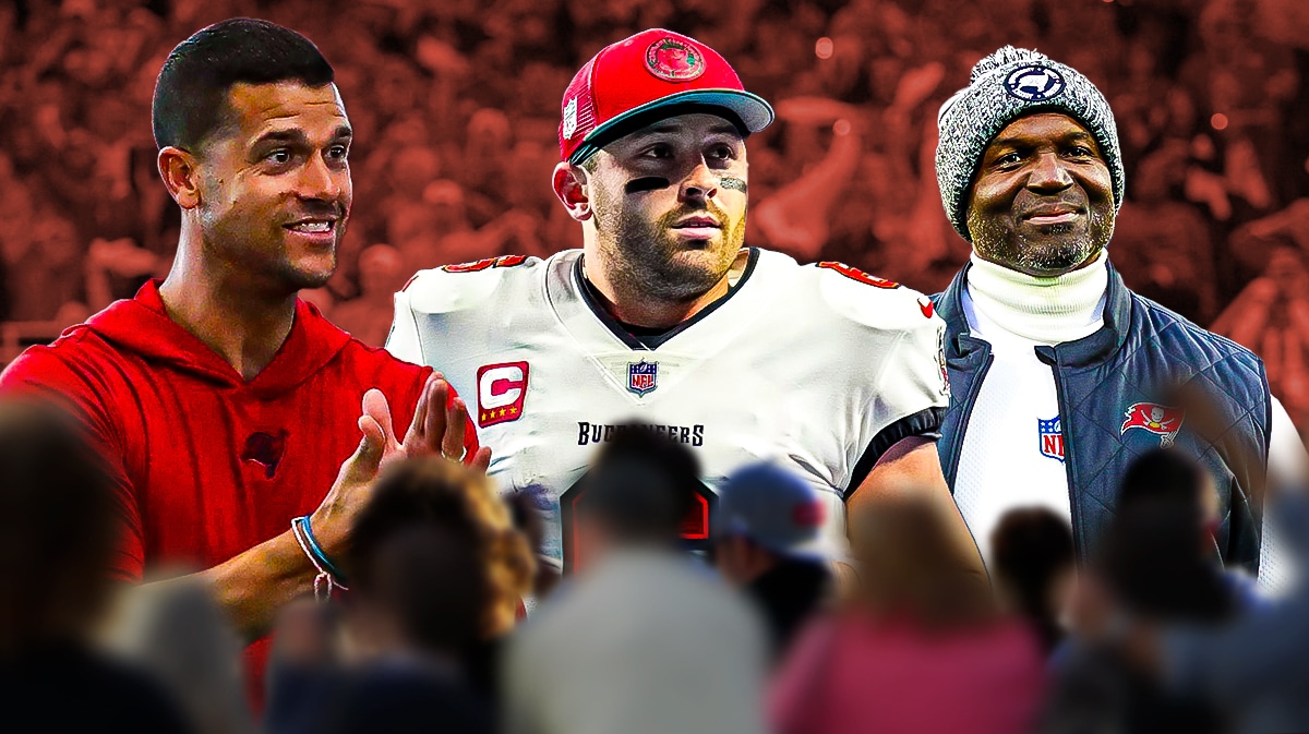 Buccaneers Baker Mayfield and Todd Bowles with Dave Canales after finding Tom Brady replacement