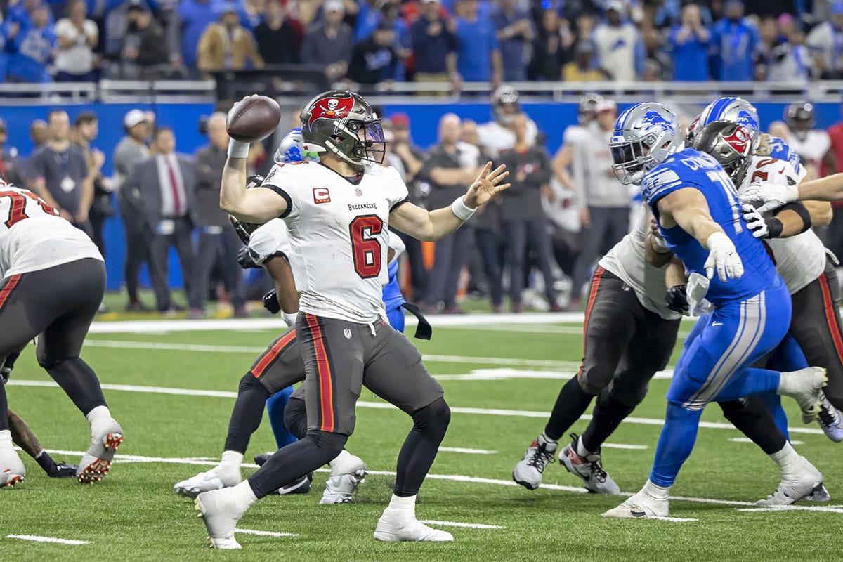 Tampa Bay Buccaneers quarterback Baker Mayfield (6) throws an interception against the Detroit Lions during the second half in a 2024 NFC divisional round game at Ford Field.