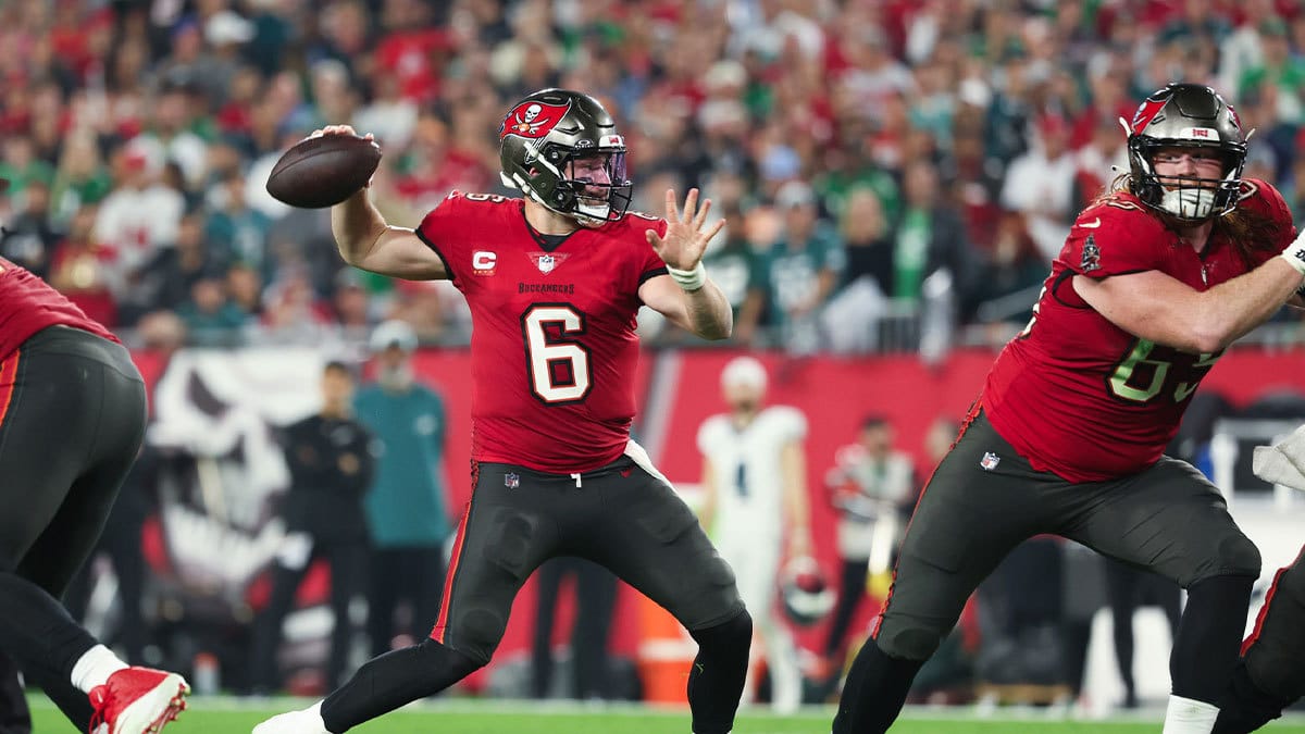 Tampa Bay Buccaneers quarterback Baker Mayfield (6) throws against the Philadelphia Eagles during the first half of a 2024 NFC wild card game at Raymond James Stadium