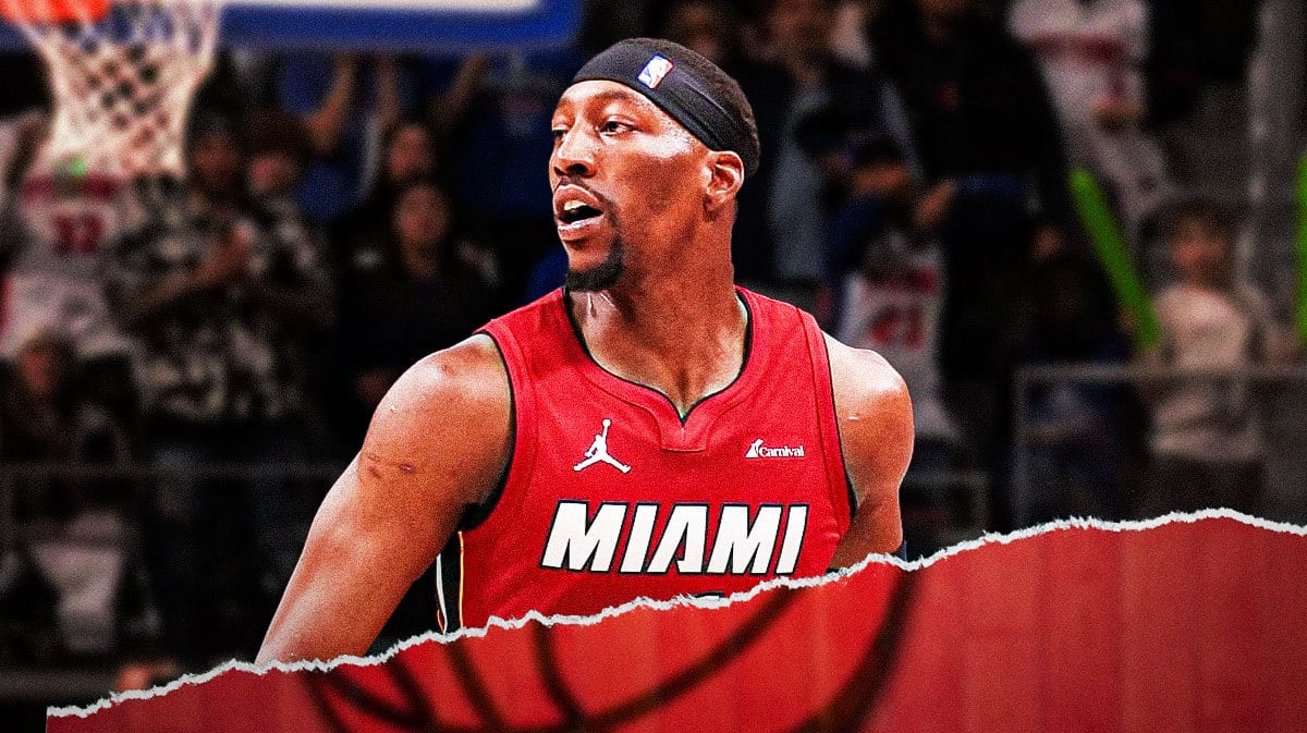 Miami Heat star Bam Adebayo in front of the Kaseya Center.