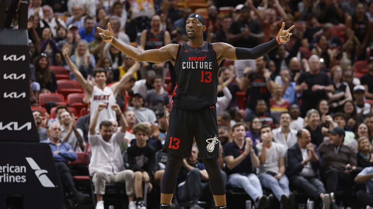 Miami Heat center Bam Adebayo (13) reacts against the Detroit Pistons during the second half at Kaseya Center.