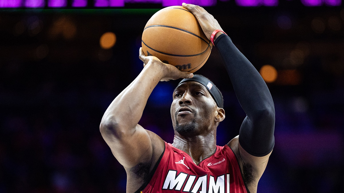 Miami Heat center Bam Adebayo (13) shoots a foul shot against the Philadelphia 76ers during the third quarter at Wells Fargo Center.