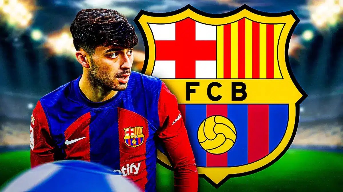 Pedri in front of the Barcelona logo, questionmarks in the air
