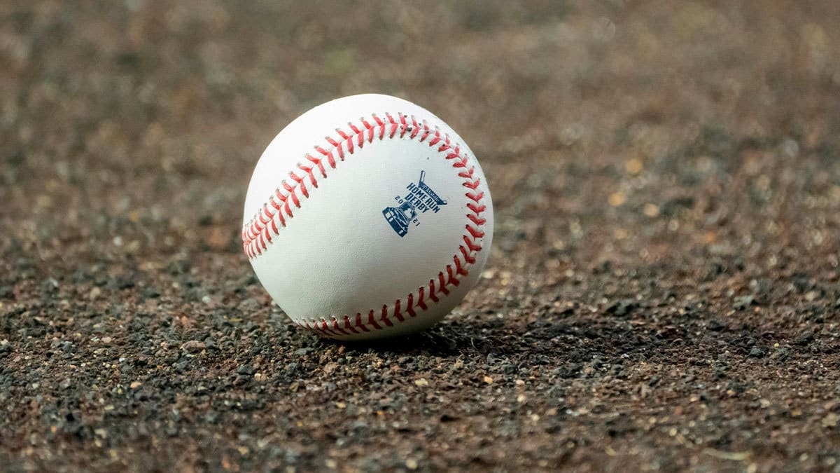 Detailed view of a homer derby logo on an official MLB baseball prior to the 2021 MLB All Star Game at Coors Field