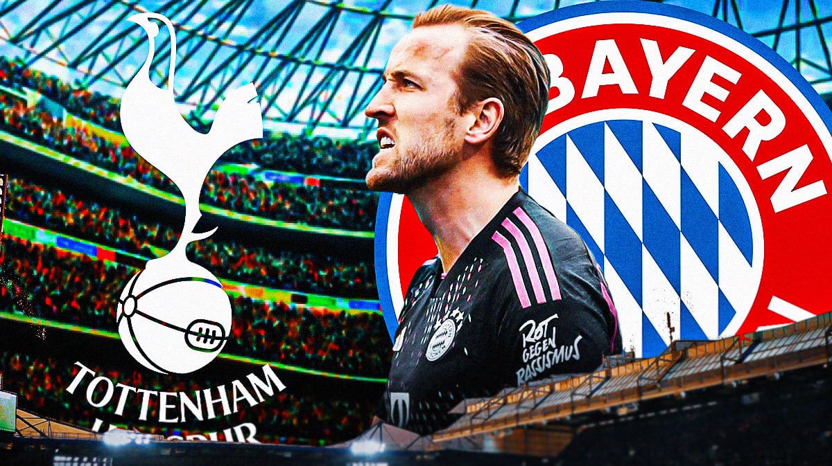 Harry Kane celebrating inbetween the Bayern Munich and Tottenham logos