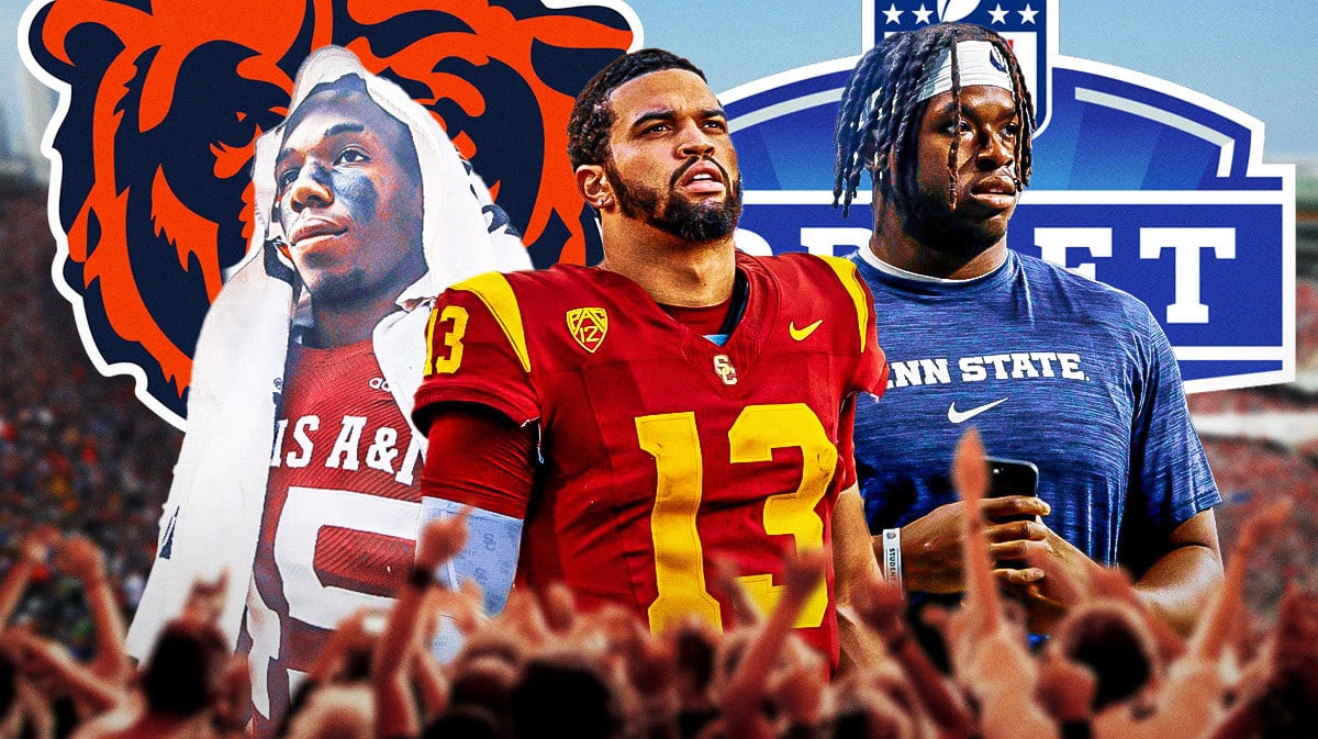 Caleb Williams (USC), Olumuyiwa Fashanu (Penn State), Edgerrin Cooper (Texas A&M) with a Bears logo in front and a 2024 NFL Draft logo background.