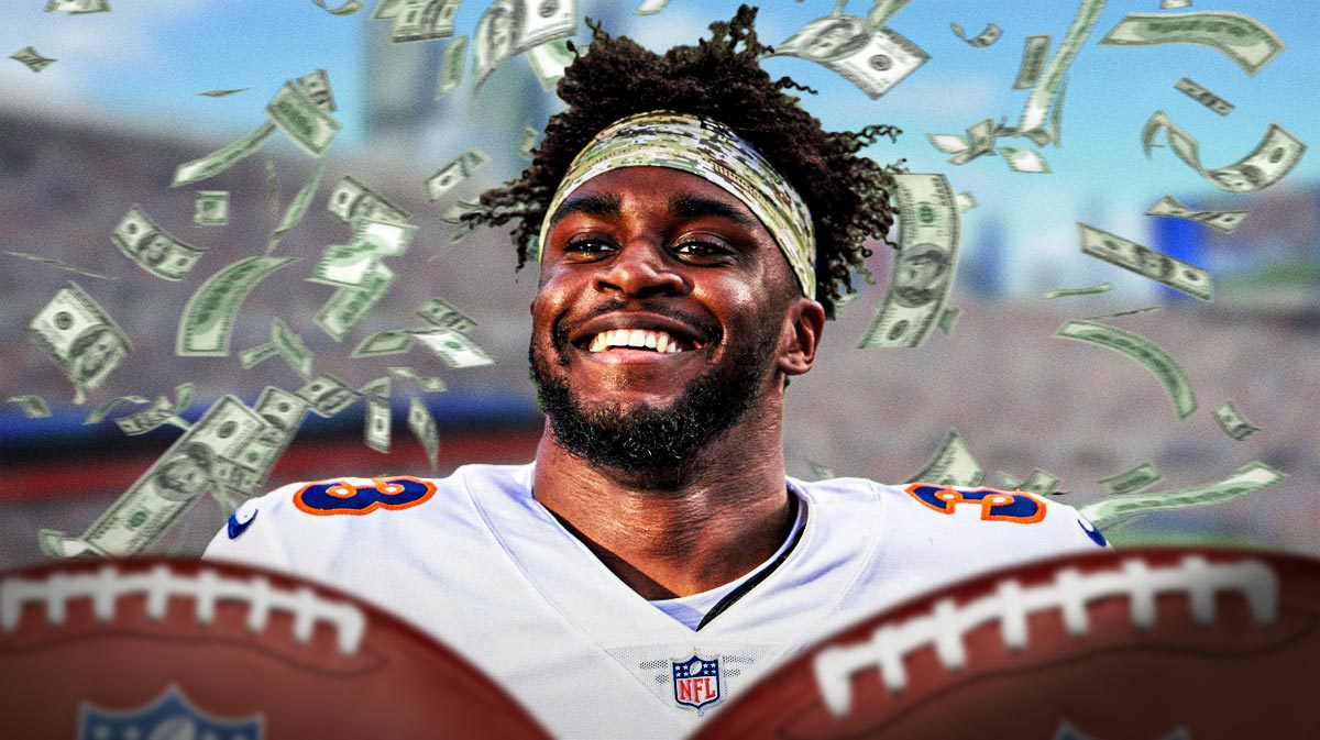 Image: Bears Jaylon Johnson smiling with lot of money flying around
