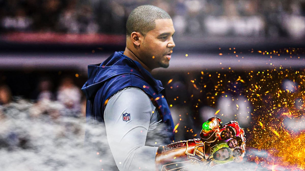 Bears' Ryan Poles wearing the infinity gauntlet, with heads of Keenan Allen, Darnell Wright, Tyrique Stevenson, DJ Moore, USC’s Caleb Williams as infinity stones