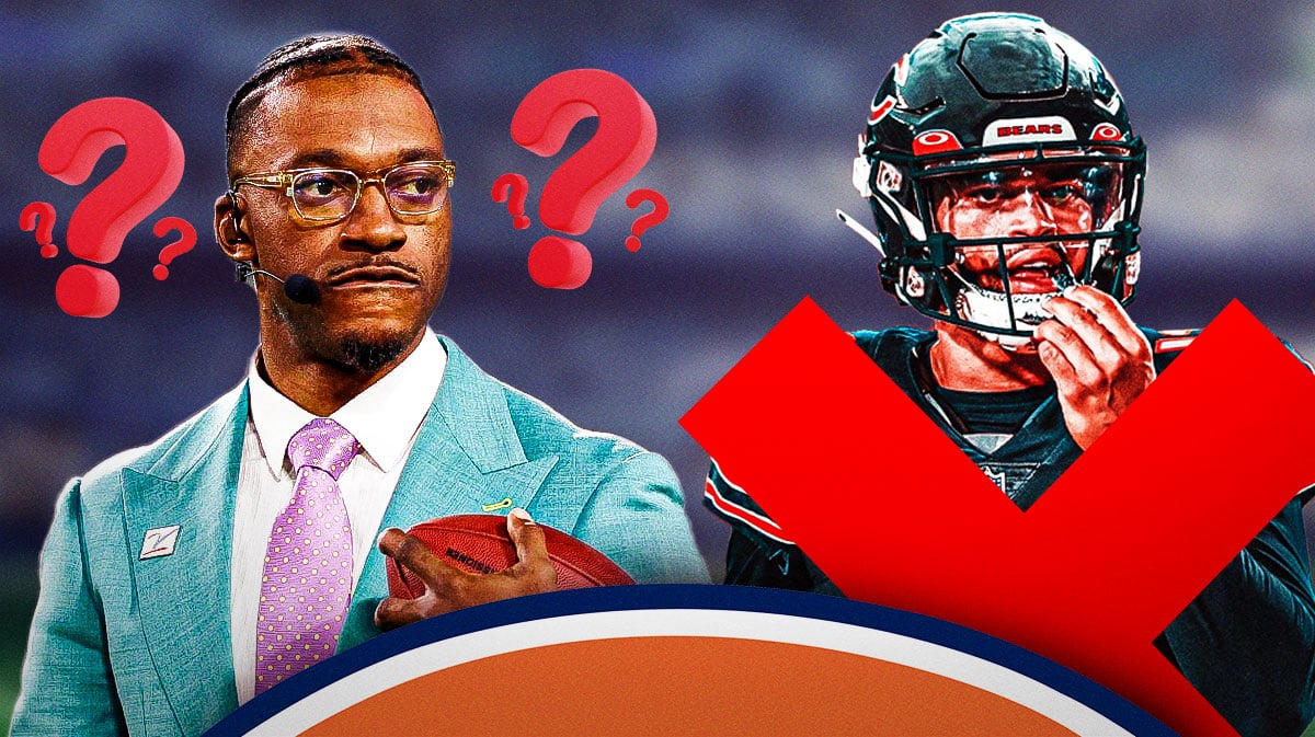 Robert Griffin III with question marks around him next to Caleb Williams in a Chicago Bears uniform with an X across his chest