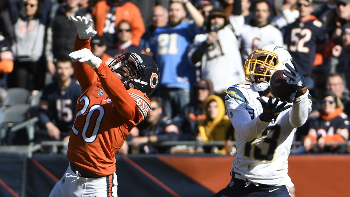 Chicago Bears cornerback Prince Amukamara (20) defends Los Angeles Chargers as wide receiver Keenan Allen (13) tries to make a catch during the second half at Soldier Field.