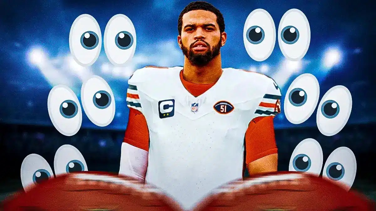 Caleb Williams in a Chicago Bears uniform in middle. Eyes emoji all over image looking at Williams.