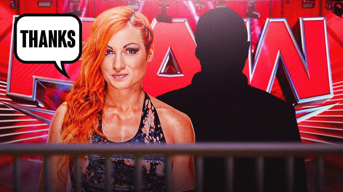 Becky Lynch with a text bubble reading “Thanks” next to the blacked-out silhouette of Mick Foley with the RAW logo as the background.