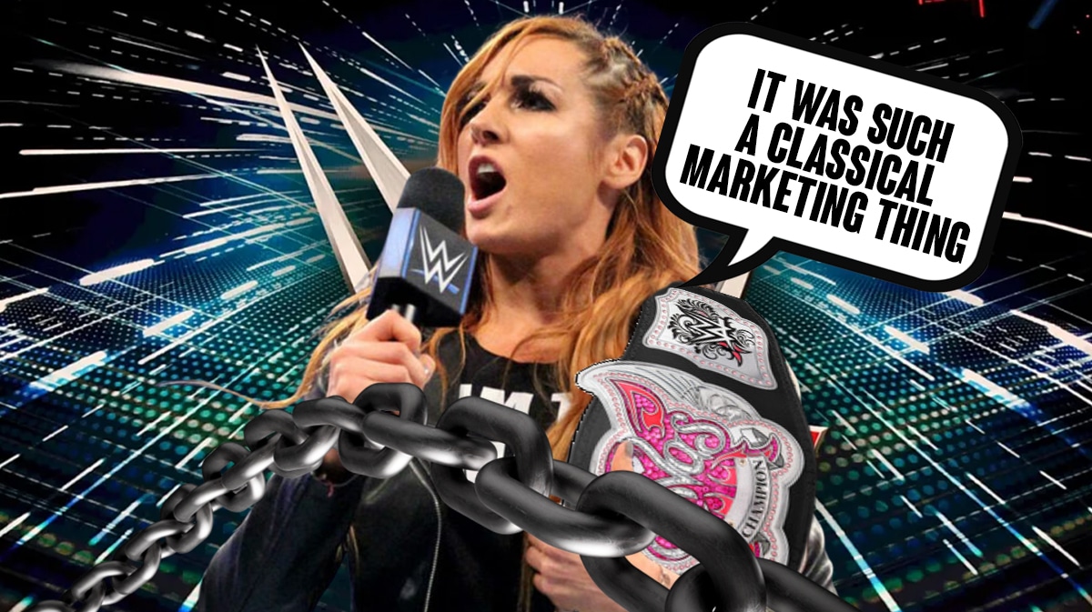 Becky Lynch with a text bubble reading “It was such a classical marketing thing” holding the Divas Championship belt with the WWE logo as the background.