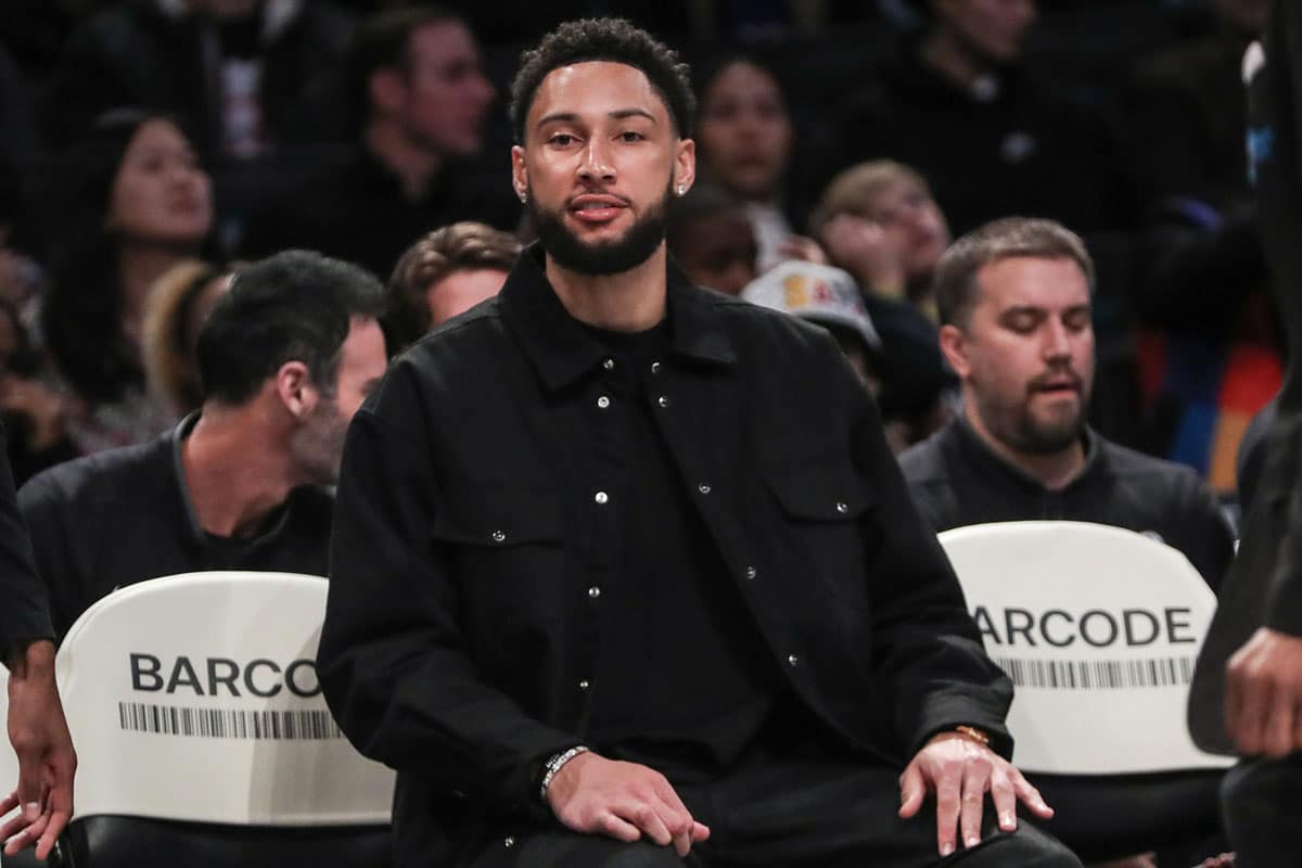 Brooklyn Nets guard Ben Simmons (not in uniform) sits on the bench in the first quarter against the Atlanta Hawks at Barclays Center. 