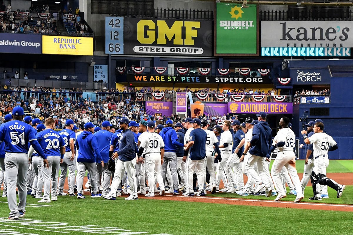 The benches clear after Tampa Bay Rays shortstop Jose Caballero (7) and Toronto Blue Jays relief pitcher Genesis Cabrera (92) collided in the seventh inning of the game at Tropicana Field. 