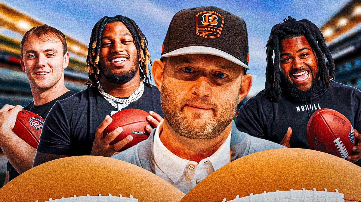 GM Duke Tobin in the middle, Brock Bowers, Jer’Zhan Newton , JC Latham around him, and Cincinnati Bengals in the background.