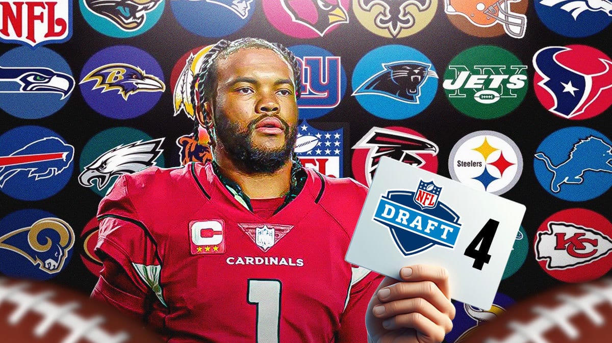 Kyler Murray holding an NFL draft logo with the number 4 on it and every NFL team logo as the background