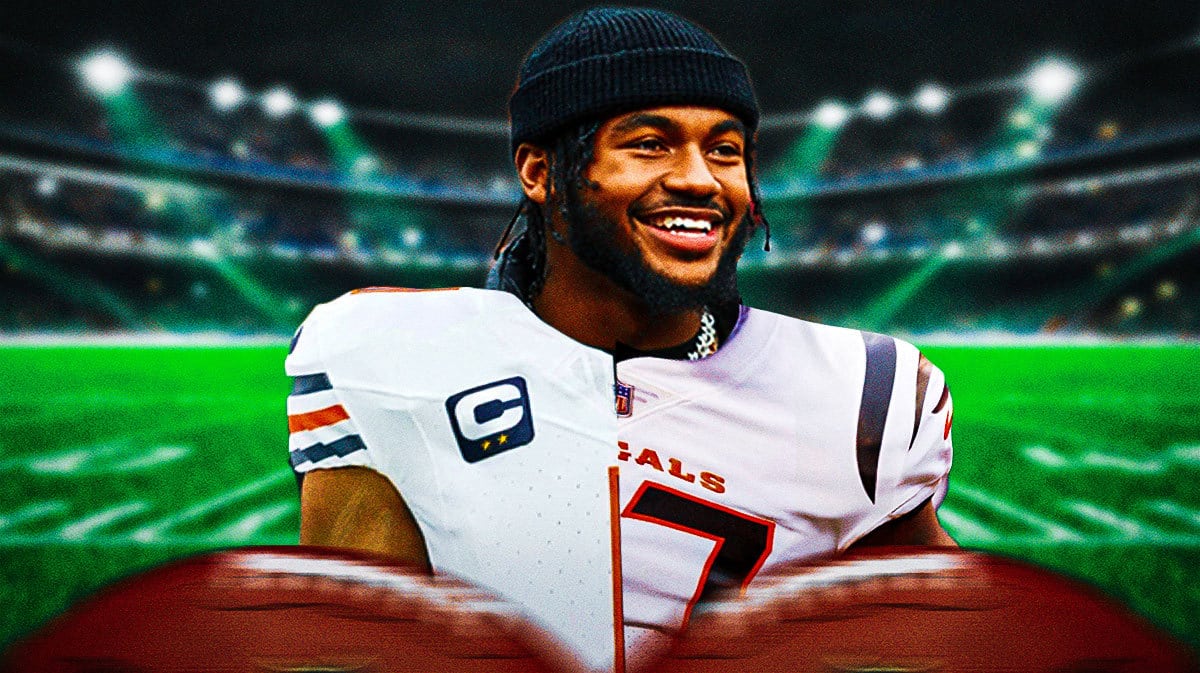 Former Eagles RB De’Andre Swift with half a Bears jersey and half a Bengals jersey