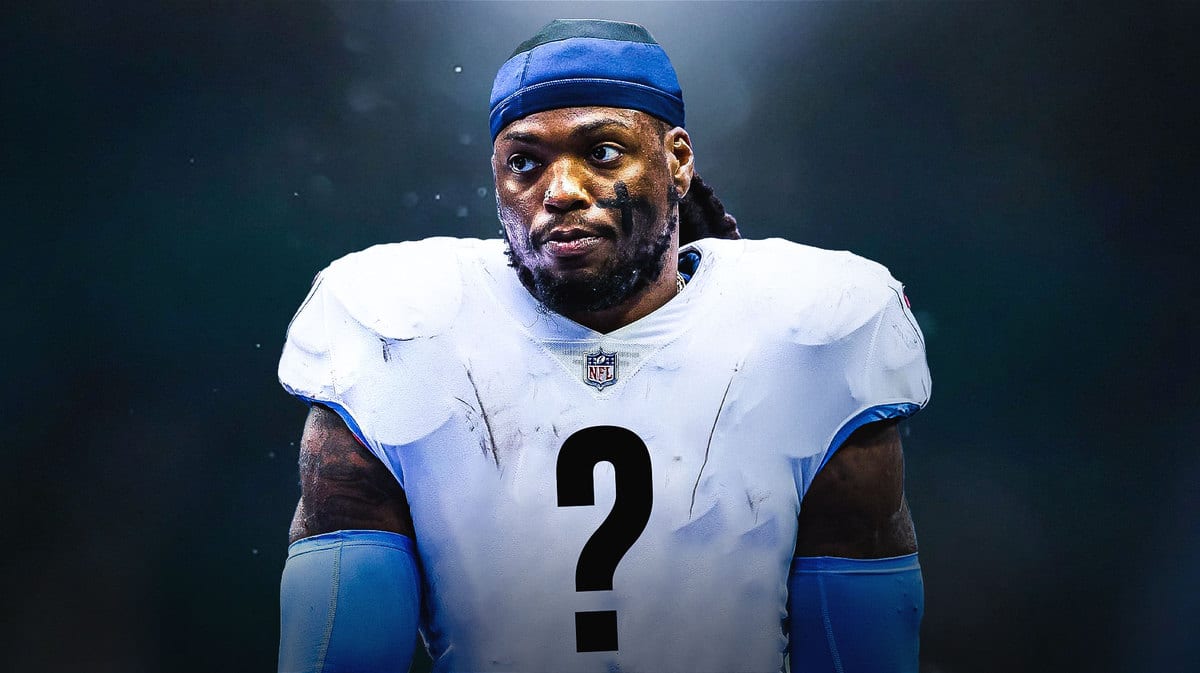 Running back Derrick Henry with question mark on his uniform