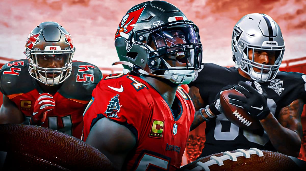 Lavonte David in a Tampa Bay Buccaneers uniform in the middle, Lavonte David in a San Francisco 49ers uniform on one side, Lavonte David in a Las Vegas Raiders uniform on the other side