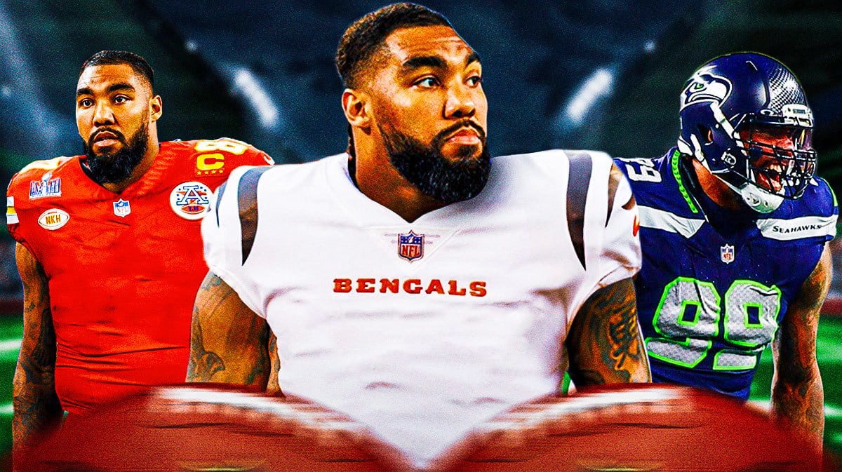 Leonard Williams in the middle in a Cincinnati Bengals uniform, Leonard Williams on one side in a Kansas City Chiefs uniform, Leonard Williams on the other side in a Seattle Seahawks uniform