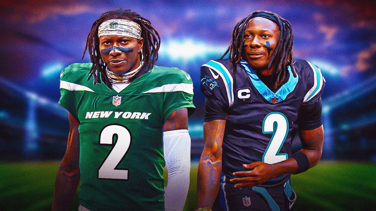 Marquise Brown wearing Jets and Panthers jerseys