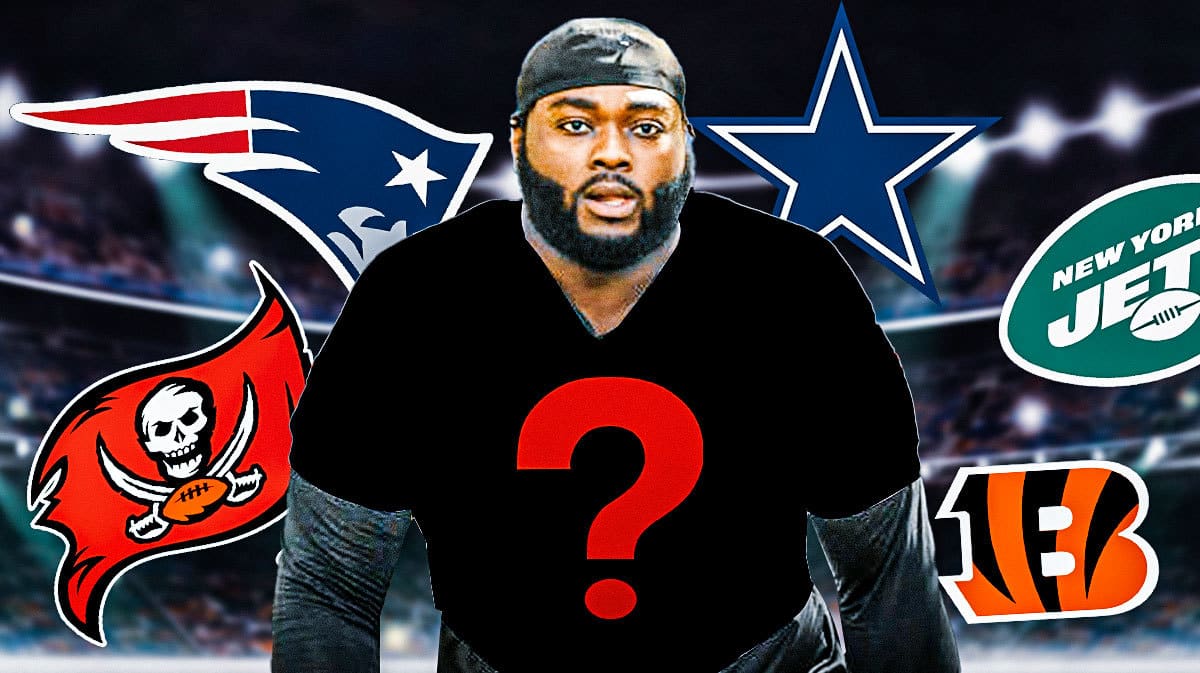 Michael Onwenu with blank jersey and question mark in the middle of that jersey. Patriots, Cowboys, Jets, Bengals, Buccaneers logos in the background