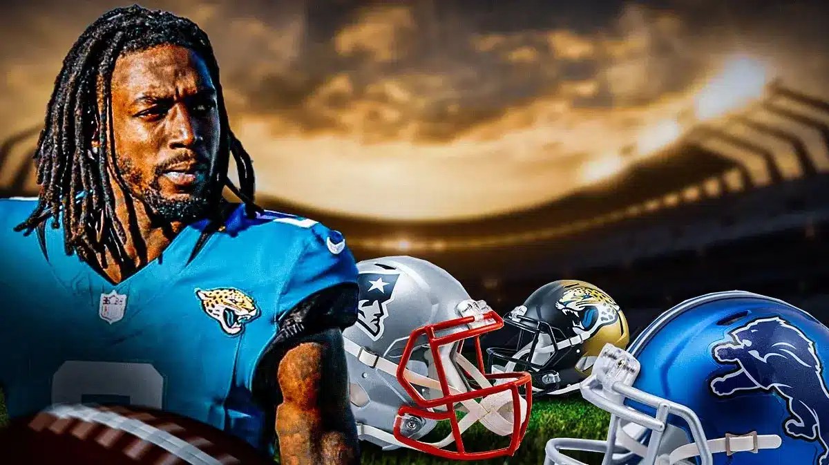 Calvin Ridley with Jaguars, Patriots, and Lions helmets around him