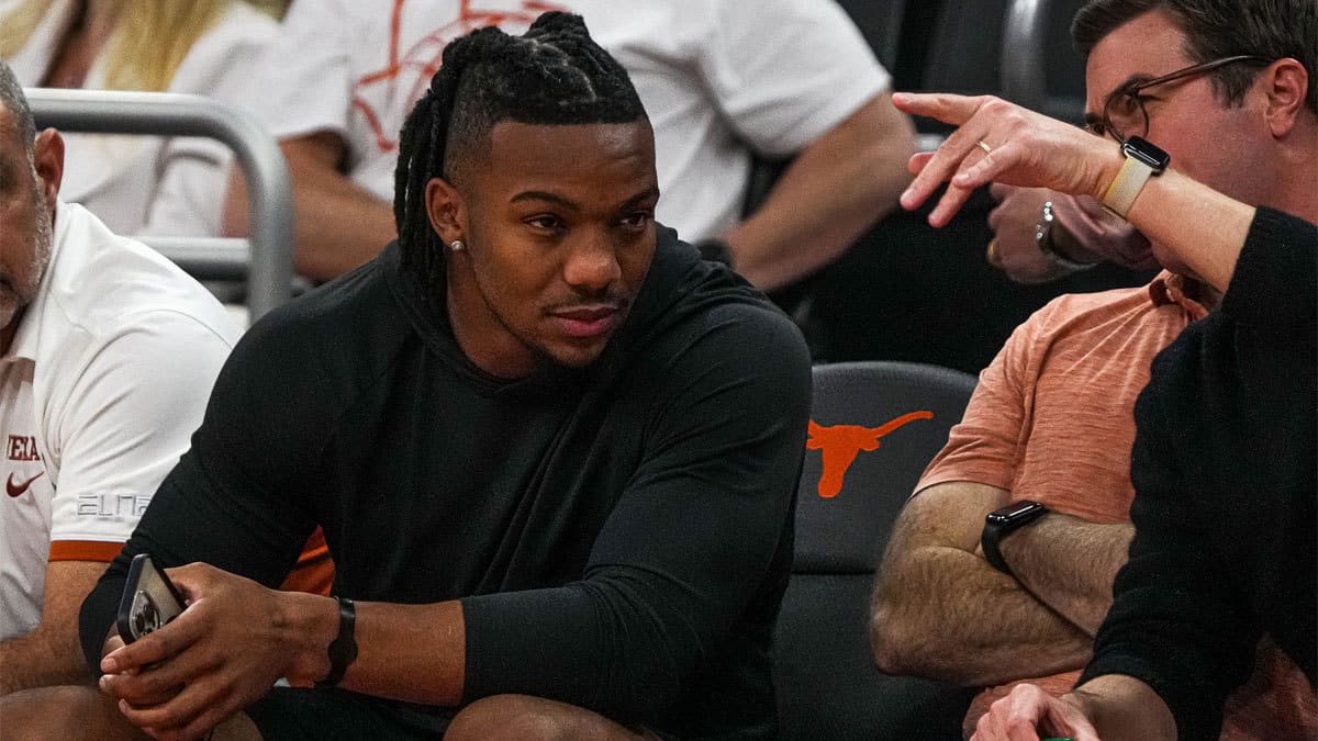 Former Texas Longhorns running back and Atlanta Falcons running back Bijan Robinson watches the Texas Longhorns game against Houston at the Moody Center