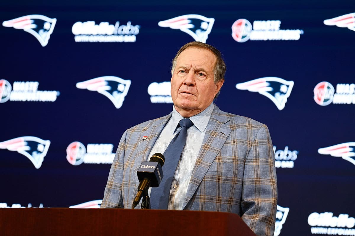 New England Patriots former head coach Bill Belichick holds a press conference at Gillette Stadium to announce his exit from the team.