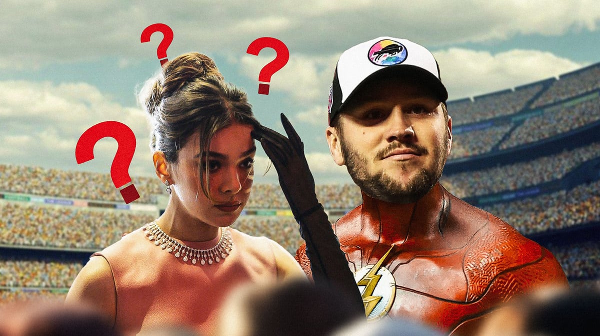 Hailee Steinfeld looking confused (with question marks around her) at Bills' Josh Allen running as The Flash