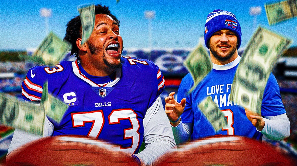 Bills LT Dion Dawkins and QB Josh Allen with $100 bills falling from the sky