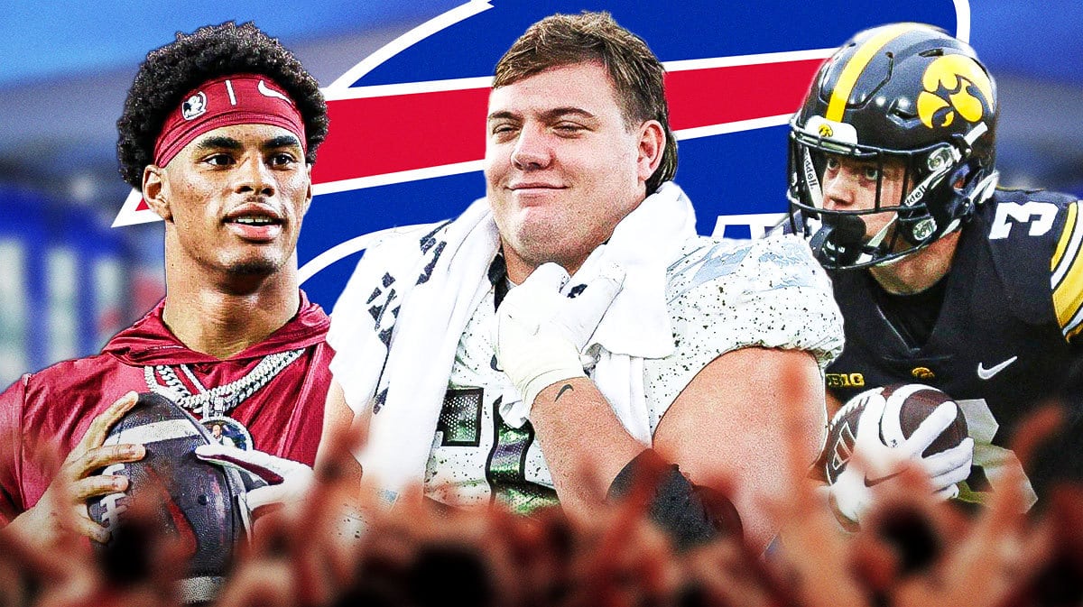 Keon Coleman (Florida State), Jackson Powers-Johnson (Oregon), and Cooper Dejean (Iowa) around a Bills logo in the middle and an NFL Draft background.