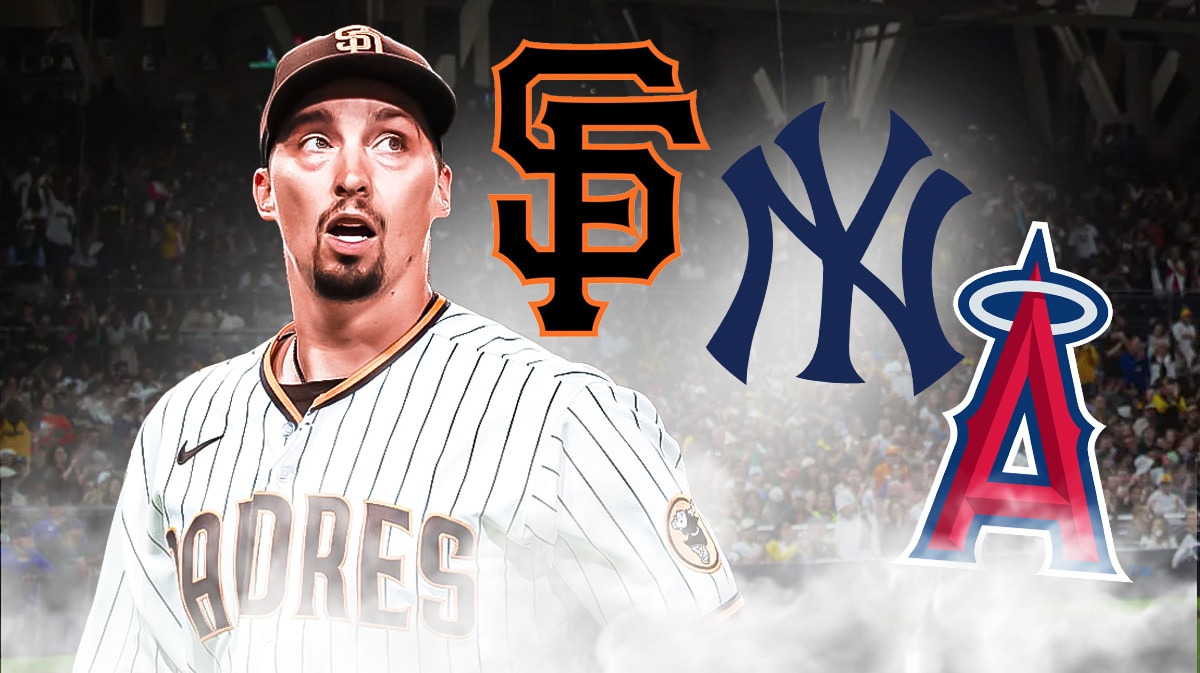 Blake Snell, Question marks. around him. Angels logo, Yankees logo, Giants logo