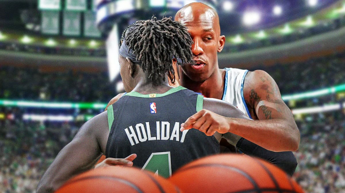 Blazers' Chauncey Billups hugging Celtics' Jrue Holiday
