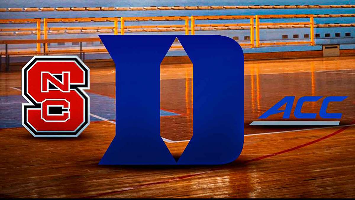 Duke basketball logo sits next to NC State logo in ACC Tournament gym, Kyle Filipowski sits to the side