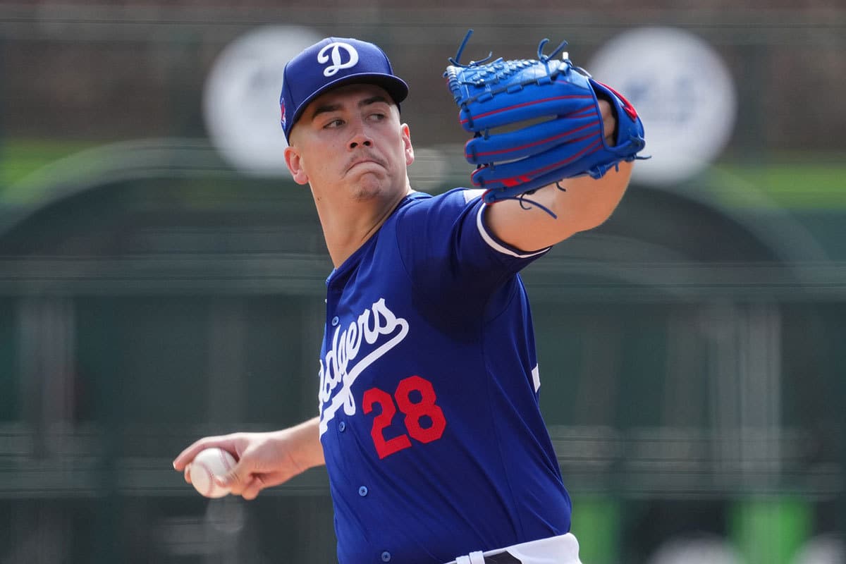 Los Angeles Dodgers starting pitcher Bobby Miller (28) pitches against the Chicago White Sox during the first inning at Camelback Ranch-Glendale.