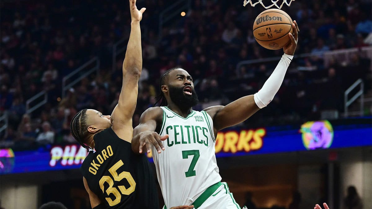 Boston Celtics guard Jaylen Brown (7) drives to the basket against Cleveland Cavaliers forward Isaac Okoro (35) during the first half at Rocket Mortgage FieldHouse. 