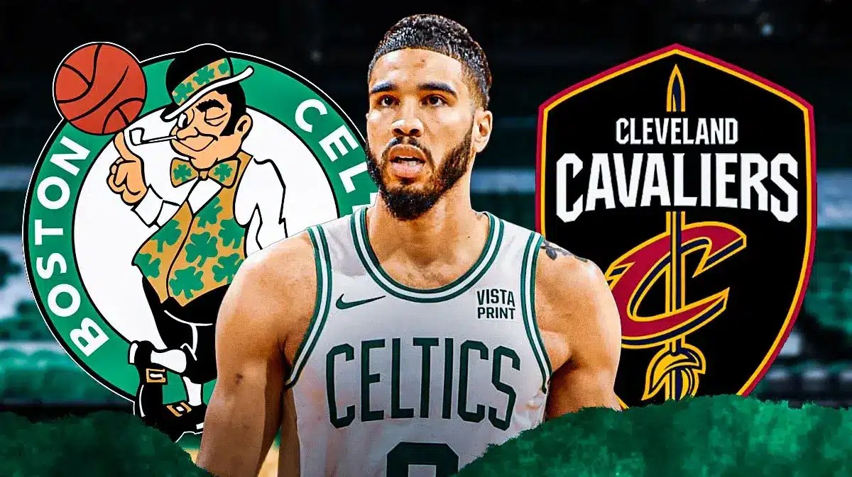 Celtics' Jayson Tatum stands next to Cavs logo after Dean Wade outburst