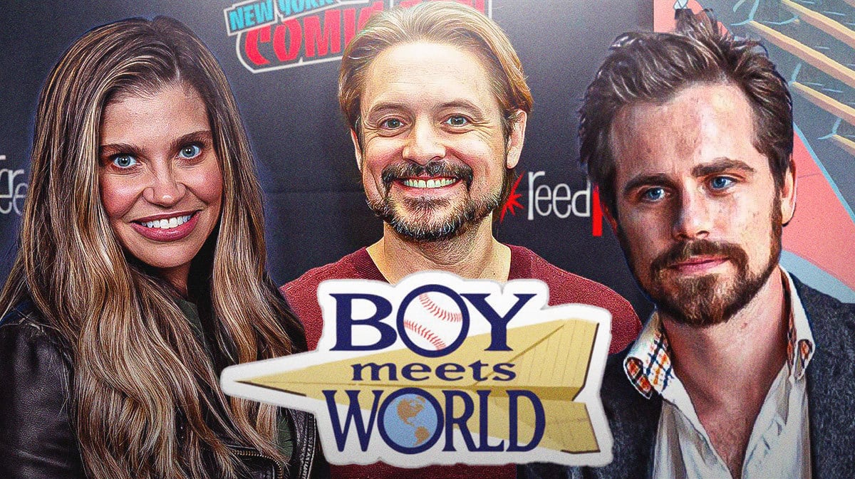 Danielle Fishel, Rider Strong, and Will Friedle with a Boy Meets World logo from the show