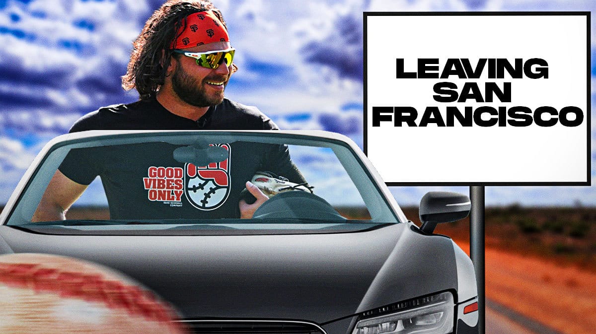 Brandon Crawford (Wearing normal clothes) driving a car on a road. Place a sign on the side of the road that reads as follows: Leaving San Francisco