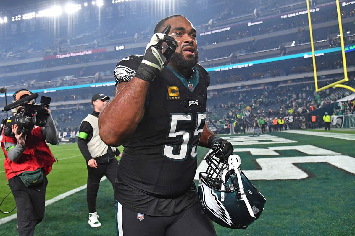 Philadelphia Eagles defensive end Brandon Graham (55) runs off the field after win against the New York Giants at Lincoln Financial Field.