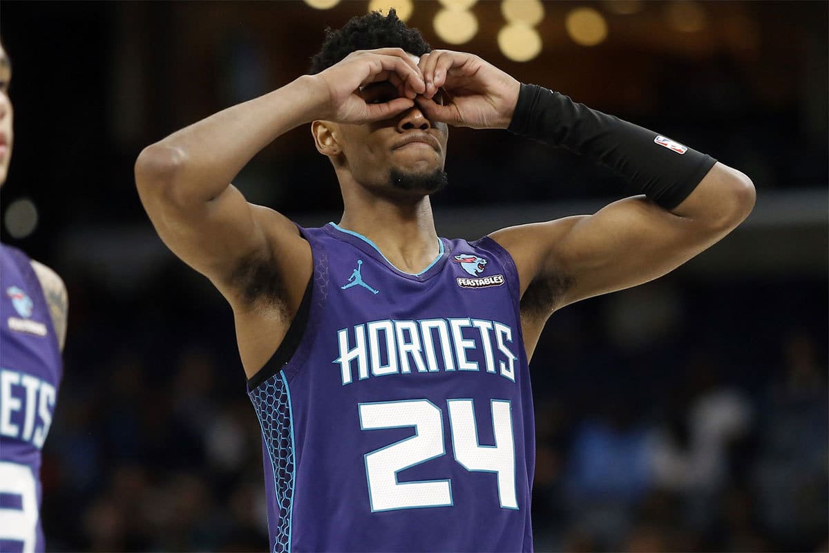 Charlotte Hornets forward Brandon Miller (24) reacts after an assist during the second half against the Memphis Grizzlies at FedExForum