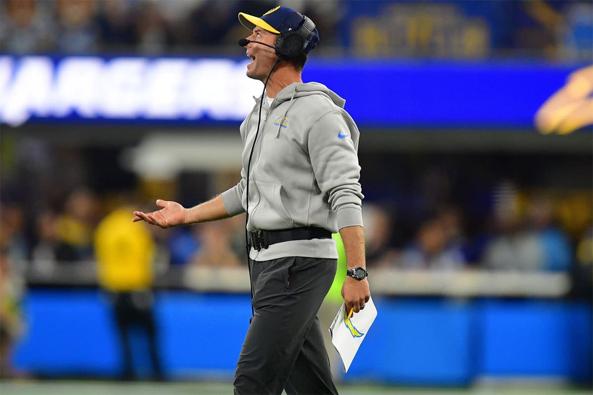 Los Angeles Chargers head coach Brandon Staley reacts during the second half at SoFi Stadium